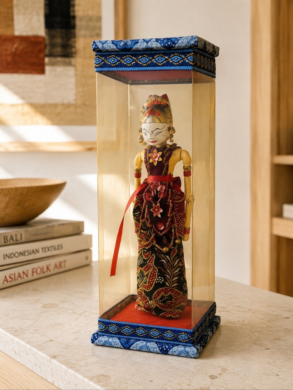 Vintage Indonesian Wayang Golek Wooden Doll Batik Display Box